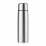 SANTECO Edelstahl-Thermoskanne 1 l, doppelwandige, vakuumisolierte Wasserflasche, Kaffee-Thermoskanne für heiße und kalte Getränke, 1000 ml, auslaufsicher, BPA-frei, Deckel als Becher