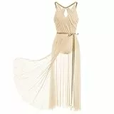FYMNSI Damen Lyrisch Tanzkleid Ballettkleid ?rmellos Pailletten Trikot Mit Wickelrock Maxikleid T?ll Langes Trikotkleid Modern Contemporary Tanzkost?me Turnanzug B?hnenanzug Kost?m Champagner M