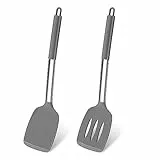 Pfannenwender, Joyfair 2 Stück Silikon Küchenhelfer Spatel Set, Pfannenwender Set mit Griff aus Edelstahl, Hitzebeständig Küchenutensilien für Kochen/Backen/Wenden, Spülmaschinenfest - Grau