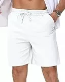 LVCBL Herren Baumwolle Leinen Lose Shorts mit Kordelzug Sommer Strand Shorts Weiß M