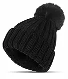 KEECOW Mütze Damen Winter,Beanie Strickmütze mit Bommel Thermal Warm Fleece Mütze für SkiSport Outdoor(Schwarz)