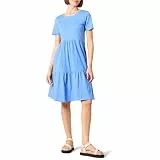 Amazon Essentials Damen Kurzärmliges, gestuftes Kleid mit Rundhalsausschnitt, Blau, L