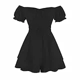 IBTOM CASTLE Damen Rompers Boho Sommerkleid Overall Playsuit Vintage Schulterfreies jumpsuit kurz Kleid High Waist Volant Kleid Minikleid Strandkleid Schwarz M