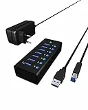 ICY BOX 7-fach USB 3.0 Hub mit 12 V / 3 A Stromadapter, Aluminiumgehäuse und USB-Ladeport, IB-AC618