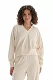 Dagi Women's Ecru Long Sleeve V-Neck Reglan Sleeve Velvet Sweatshirt, Ecru,XL