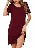 Lovasy Nachthemd Damen Kurzarm Sexy Sommer Nachthemden für Damen Kurz V-Ausschnitt Spitzen Weich Nachtkleid,Weinrot,M