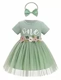 FYMNSI Baby Mädchen Mein Erster 1. Geburtstag Kleid Baumwolle Kurzarm Tutu Tüllkleid mit Schleife Stirnband Kleinkinder A-Linie Prinzessin Partykleid Fotoshooting Outfit Sommer Grün 9-12 Monate