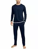 Aseniza Herren Schlafanzug Lang Pyjama Baumwolle Winter Zweiteilige Pyjamas mit Langarmshirt und Schlafanzughose für Männer,Blau,XL