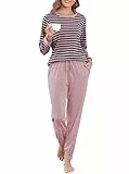 Wikoan Schlafanzug Lang Damen Baumwolle Pyjama Set Herbst Winter Nachtwäsche Frauen Loungewear Hausanzug mit Bündchen Dunkles Rosa XXL