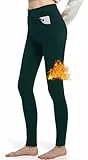 LYRIKER Thermo Leggings Gefüttert Damen Fleece Winterleggins aus Baumwolle Warme Thermoleggings mit Taschen Tiefgrün (XS-S)