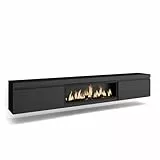 Skraut Home | TV-Schrank, Lowboard | für Wohnzimmer und Esszimmer | 267x45x35 cm | Für großformatiges TV | Elektrokamin XXL | Hängend | Moderner Stil | Schwarz