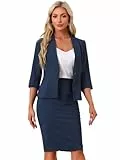 Allegra K Damen Business Rock Anzug Set 2-Teiliges Büro Arbeits Outfit Kragenloser Blazer Bleistiftrock Navy blau XL