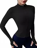 Rapbin Laufjacke Damen Langarm Gym Yoga Fitness Top Sportjacke Atmungsaktive Running Jacken Sportshirt Oberteil Reißverschluss Trainingsjacke mit Daumenlöchern Stil 2-Schwarz M
