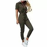 TIMELYE Cargo Jumpsuit Damen mit Gürtel Lang Sommer Elegant Jumpsuits Frauen Onesie Overall Bodycon Romper mit Kragen Kuschelig Dünn Casual Playsuit Kurzarm Einfarbig Hosenanzug