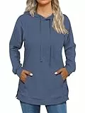 Cuptacc Hoodie Damen Kapuzenpullover Longpullover Für Damen Oberteile Mit Kapuze Tasche Seitenschlitze Blaugrau XL 46-48