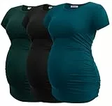 Smallshow Damen Umstands-Tops Seite Geraffte Tunika T-Shirt Schwangerschaft Kleidung, Schwarz/Dunkelgrün/Blaugrün, Groß