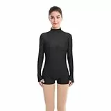IBAKOM Damen Stehkragen Langarm Lycra Spandex Trikot Bodysuit Gymnastik Yoga Ballett Tanz Kostüm Boxer Overall Schwarz XL