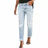 Lazzboy Jeans Damen 7/8 Jeanshose Mit Taschen Destroyed Straight Leg Zerrissene Mit Löchern Comfy Casual Rise Jeanshosen Damenjeans Vintage Boyfriend Denimhose Outdoor Streetwear (Hellblau,S)