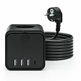 Steckdosenleiste, 7 in 1 Steckdosen mit USB, 3 Steckdosen, mit Schalter, 2 m, Steckdosenleiste mit USB, ideal für Wohnzimmer, Büro, Schlafzimmer