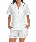 COLORFULLEAF Schlafanzug Damen Kurz 100% Baumwolle Pyjama Set mit Knöpfe Zweiteiliger Sommer Nachtwäsche Hausanzug(Weiß,S)