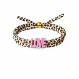 Generisch Leo Armband, Ibiza Style, Leopardenmuster Wickelarmband verstellbar, Freundschaftsarmband, Selfmade, Boho, Festival (Beige-Braun LOVE rosa Perle gold)