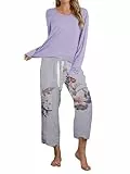 IFFEI Schlafanzug Damen Lang Zweiteiliger Pyjama Set Einfarbiger Rundhals Oberteil und 3/4 Lange Capri Hose Hausanzug Lila Medium