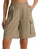 Libin Kurze Hose Damen Cargo Shorts Sommer Baggy Wandershorts Casual Tunnelzug Elastische Strandshorts mit Taschen Outdoor Khaki L