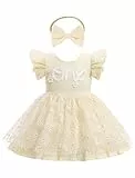 FYMNSI Baby Mädchen 1. Geburtstag Outfit Gänseblümchen Blumen Rüschen Tüll Tutu Prinzessin Kleid mit Schleife Stirnband, aprikose, 80