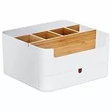 QIMIN Premium Qualität Schreibtisch Organizer Stiftehalter Büro, Office, Desk Organizer weiß, Multifunktionaler Bambus Stifte Organizer mit 6 Fächern und 1 Schublade Anti-Rutsch AUCH für Kinder