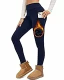 Havideto Thermo Leggings Damen Winter High Waist Fleece Gefüttert Leggins Warme Dicke Plüsch Leggings Stretch Blickdicht mit Taschen Dunkelblau L