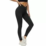 DDOBB Leggings Damen High Waist Sportleggins Lang Schwarz Leggins Blickdicht Bauchweg Sporthose Elastisch Yogahose Gym Festival Outfit(#02-Schwarz-V Cross, (DE34-40)=S-M)