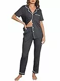 Lovasy Schlafanzug Damen Lang Kurzarm Pyjama mit Knöpfen Schlafanzüge für Damen Zweiteiliger Loungewear Set mit Taschen und Kordelzug,Dunkelgrau,M
