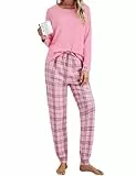 Litherday Pyjama Damen Lang Baumwolle Winter Langarm Zweiteiliger Nachtwäsche Sleepwear und Pyjamahose mit Tasche Warm und Bequem