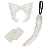 Bseical Wolf Kostüm Kinder, Karneval Kostüm Kinder Tiere, Faschingskostüme, Werwolf Kostüm Mit Wolfsohren Haarreif, Tail, Handschuhe Unisex Kinder Damen Kostüm Fasching Karneval Accessoires (Weiß)