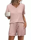 Demegimi Schlafanzug Damen Kurz Pyjama Baumwolle Sommer Shorty Nachtwäsche Kurzarm Schlafanzüge mit Knopfleiste S-XXL