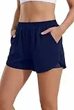 Ekouaer Damen Badeshorts Badehose Boxer Liner Hoch Taille Schwimmhose Boardshorts mit Taschen Sportshorts Marineblau L