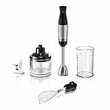 Bosch Stabmixer ErgoMaster Serie 6, mit Zerkleinerer, Schneebesen, Mixbecher, Edelstahl-Klingen, verschleißfreie Keramik-Kupplung, langlebig, Luftkühlung, 1000 W, Edelstahl, MSM6M622