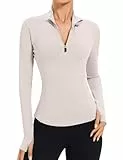 IECCP Laufjacke Sportjacke Sportshirt Damen Langarm, Gym Top Laufjacke mit 1/4 Reißverschluss, Leicht Fitness Oberteil Sweatshirt, Yoga Trainingsjacke Elfenbeingrau L