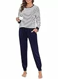 Lovasy Schlafanzug Damen Lang Baumwolle Pyjama Set Langarm Rundhals Winter Gestreift Schlafanzüge für Damen mit Bündchen und Taschen,Marineblau,M