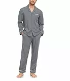 COLORFULLEAF Schlafanzug Herren Lang 100% Baumwolle Pyjama Set mit Knopfleiste Zweiteiliger Nachtwäsche Langarm Loungewear(Grau,L)