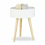 Relaxdays Beistelltisch rund skandinavisches Design, 70er, Nachttisch mit Tablett, Staufach, HxBxT: 50x38x38 cm, weiß