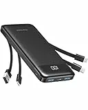 Charmast Powerbank 10000mAh Externer Akku USB C Power Bank mit 4 integriertes Ladekabel Tragbares Ladegerät LED-Display Kompakte Slim 6 Ausgängen Kompatibel mit iPhone,Huawei,Samsung Tablet