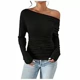 Pullover Damen Off Shoulder, Langarmshirt Damen Elegant Tshirt Schulterfrei Einfarbige Casual Slim Fit T-Shirts Winter Basic Shirt Oberteile Modische Bluse Klassische Tops für Frauen