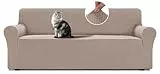 BellaHills Stretch Sofabezug 3 Sitzer (185-215cm), Sofaschoner rutschfest Mit Armlehne, Waschbare Couch Überzug, Decke Sofa Schutz Für Haustiere, Sand