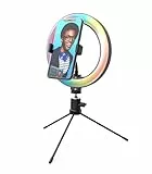 DigiPower 10' RGB Ringlicht mit 3 Beleuchtungsmodi, 15 RGB Farben und 10 Helligkeitsstufen, Smartphone-Halterung (iOS/Android), für für Make-Up, YouTube, TikTok und Vlogging, DP-VRL10RGB, schwarz