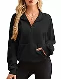 Florboom Damen-Sweatshirts mit Viertelreißverschluss, übergroße Sweatshirts, Kordelzug, lässiger Pullover mit Taschen, Schwarz, M
