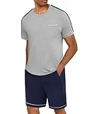 Crewhpo Schlafanzug Herren Kurz Baumwolle Zweiteiliger Pyjama Kurzarm mit Rundhalsausschnitt Schlafanzüge Männer in Kontrastfarbe Nachtwäsche Loungewear Sommer