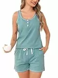 Wikoan Kurzer Schlafanzug Damen Pyjama Ärmellos Zweiteiliger Shorty Pyjama Set Baumwolle Nachtwäsche Frauen Sommer Sexy V-Ausschnitt mit Knöpfen Hellgrün XXL