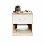 Stella Trading PEPE Nachttisch in Eiche Sonoma Optik, Weiß - Schlichter Nachtschrank mit einer Schublade passend zu jedem Bett & Schlafzimmer - 39 x 41 x 28 cm (B/H/T)
