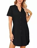 Lovasy Nachthemden für Damen Kurzarm Baumwolle Sommer Schlafshirt Still Nachthemd mit Knöpfen Damen Geburtshemd mit Taschen,Schwarz,L